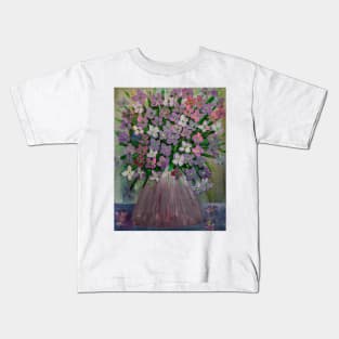 purple and pink abstract flowers . In a metallic silver and gold vase . Kids T-Shirt